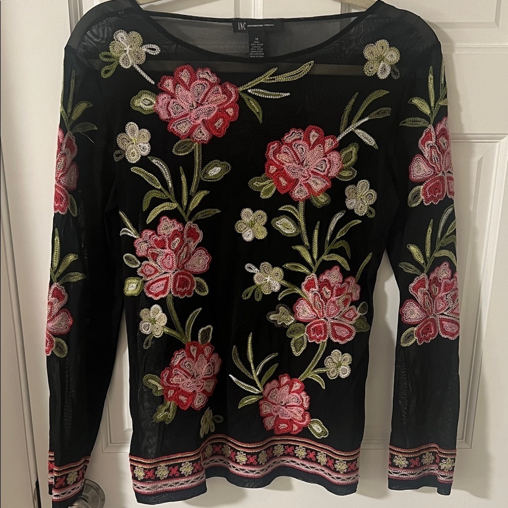 INC 90s Y2K Black Floral Mesh Top | Long Sleeve Sheer Whimsigoth Fairy Grunge M